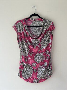 Worthington Petite Stretch Knit Sleeveless Cowl Pink & Green Floral Print Top PL